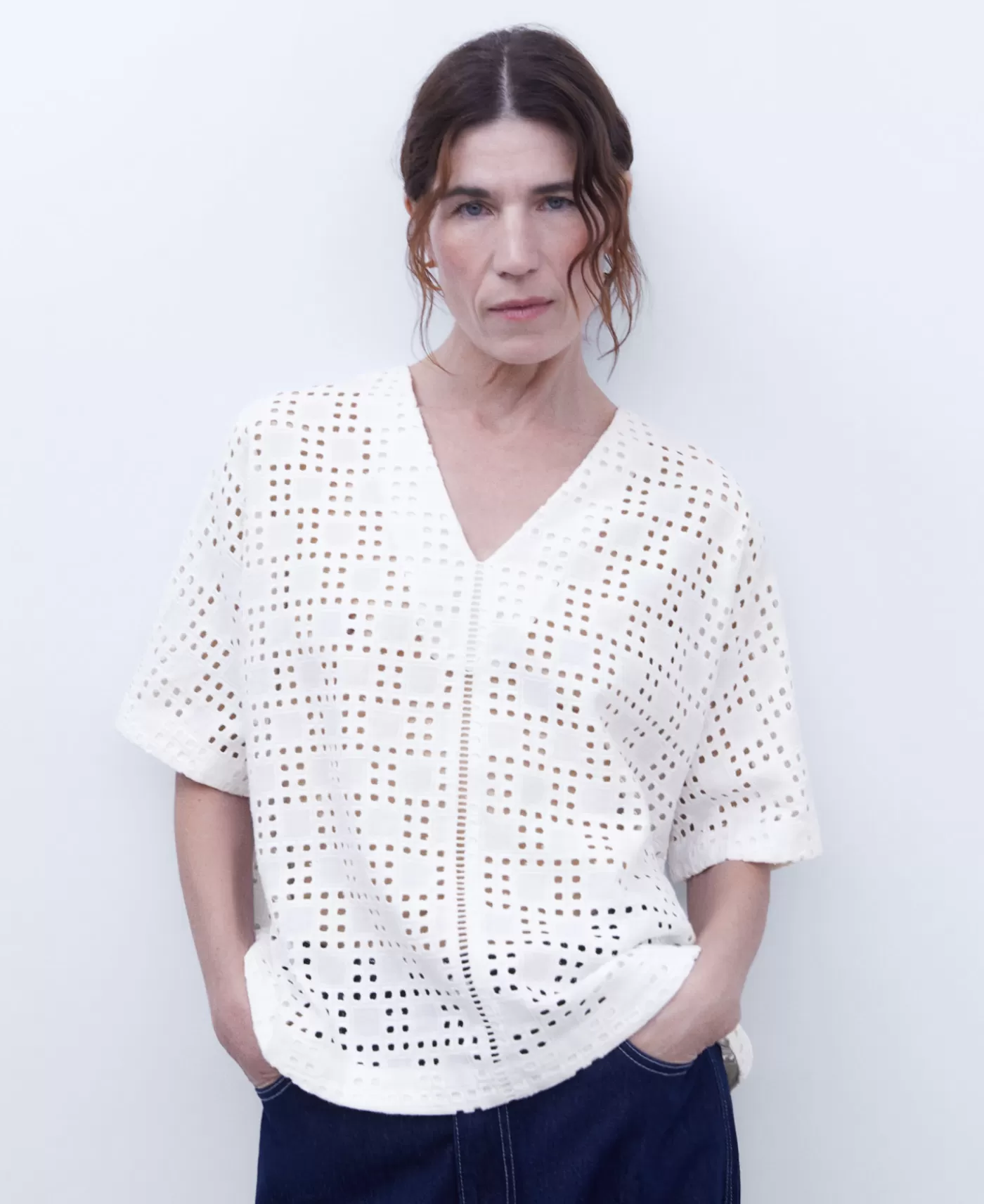 Mulher Adolfo Dominguez Linho | Blusa Com Decote Em V E Bordado Ingles